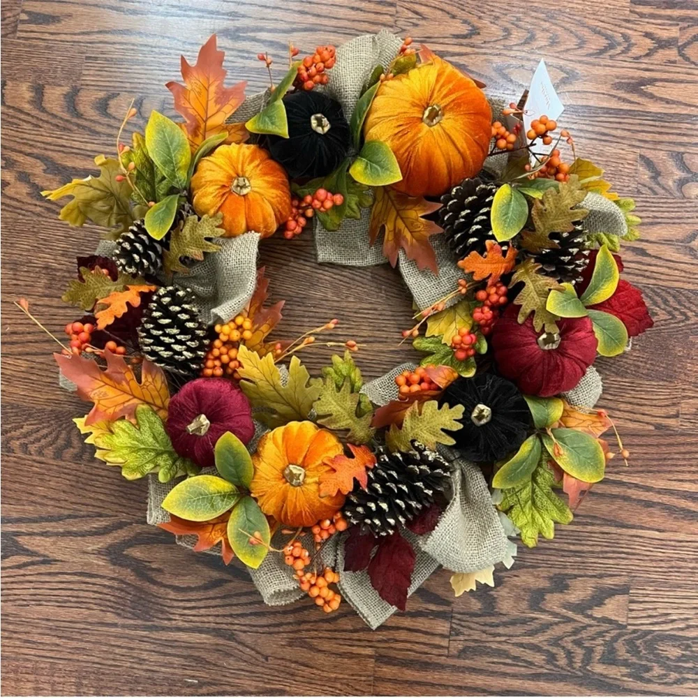 Martha Stewart Collection Harvest Gilded Velvet Pumpkin Artificial Fall Wreath